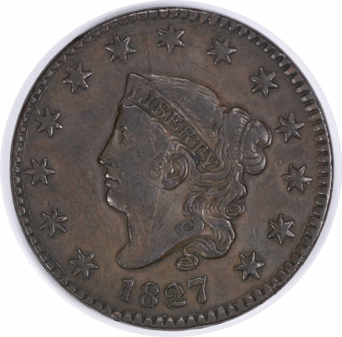 1827 VF Large Cent Coronet Head Copper Coin Uncertified: 1827 VF Large Cent Coronet Head Copper Coin Uncertified This 1827 Large Cent is a classic piece of American currency, featuring the Coronet Head design by Robert Scot. It is classified as a Very Fine 