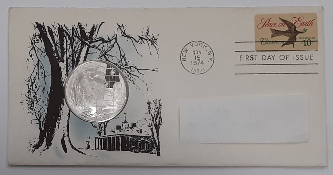 Sterling Silver Postmasters of America Christmas 1974 Franklin Mint Medal: Sterling Silver Postmasters of America Christmas 1974 Franklin Mint Medal This is a 1974 Postmasters of America Commemorative Issue medal, struck in sterling silver by the Franklin Mint to celebrate C
