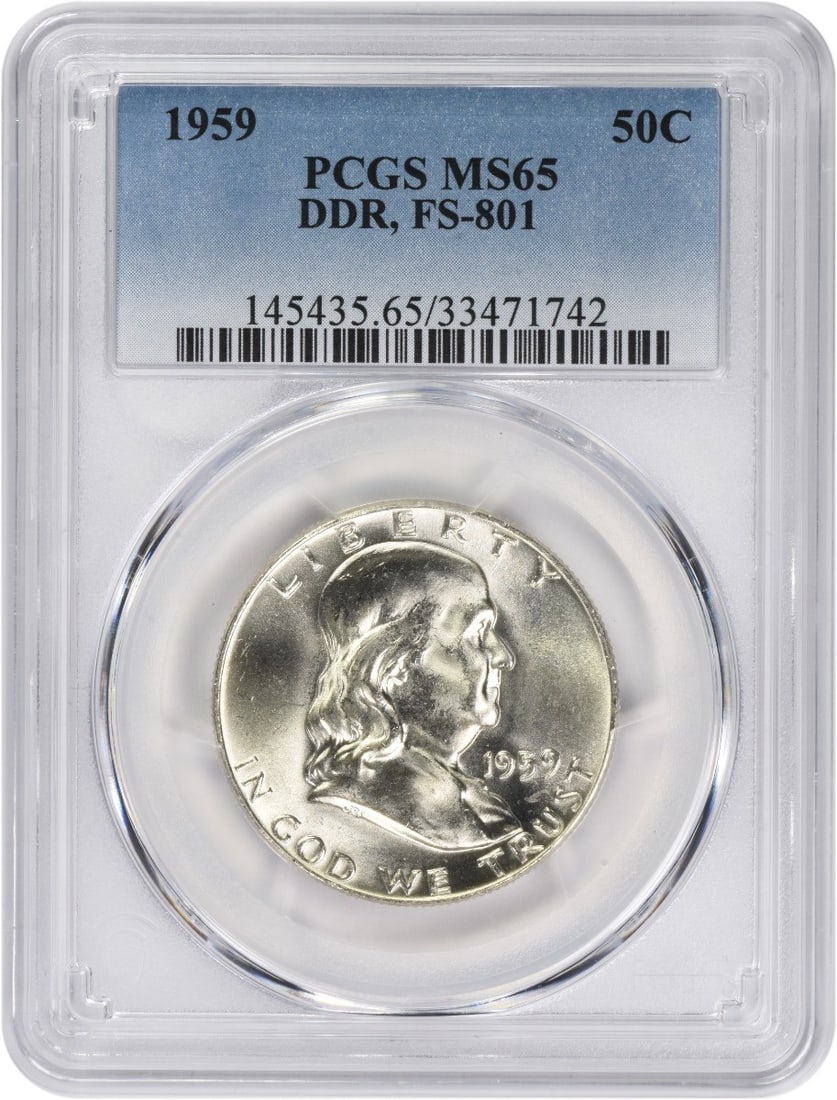 1959 Doubled Die Reverse Franklin 50C MS65 Certified by PCGS: 1959 Doubled Die Reverse Franklin 50C MS65 Certified by PCGS This 1959 Franklin Half Dollar features the rare Doubled Die Reverse FS-801 variety and has been graded MS65 by PCGS. Struck at the Philade
