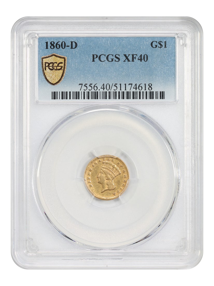 1860-D Dahlonega PCGS XF40 Gold Dollar: 1860-D Dahlonega PCGS XF40 Gold Dollar This 1860-D Gold Dollar is a circulated coin graded XF40 by PCGS. Minted in Dahlonega, it is part of a limited mintage of only 1,566 pieces, making it a rare and