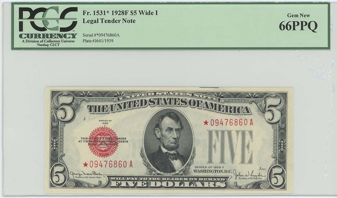 1928F $5 Legal Tender Note FR# 1531* PCGS 66 Gem Uncirculated Star: 1928F $5 Legal Tender Note FR# 1531* PCGS 66 Gem Uncirculated Star This 1928F $5 Legal Tender Note (FR# 1531*) is certified by PCGS Currency, boasting a remarkable MS66 grade, indicating it is in unci