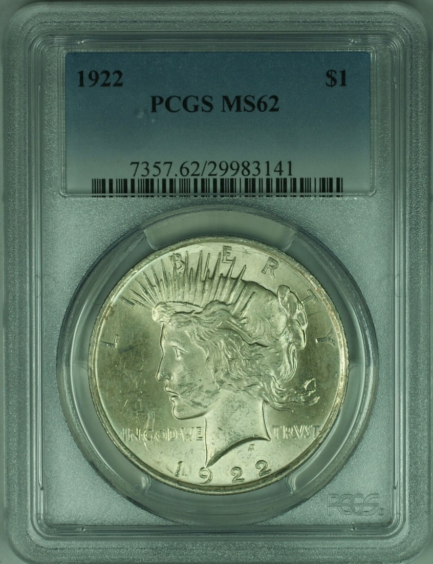 PCGS MS62 1922 Peace Dollar Silver Coin Philadelphia Mint $1: PCGS MS62 1922 Peace Dollar Silver Coin Philadelphia Mint $1 This 1922 Peace Silver Dollar is a $1 coin minted in Philadelphia and certified by PCGS with a grade of MS 62. The coin is uncirculated and