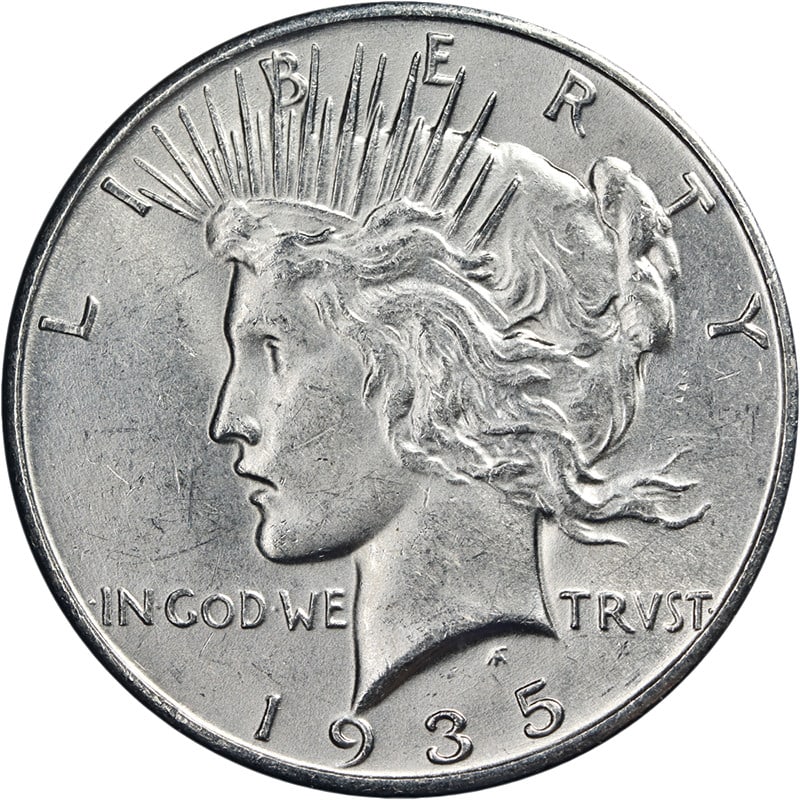 1935 Philadelphia Peace Silver Dollar Brilliant Uncirculated US Coin: 1935 Philadelphia Peace Silver Dollar Brilliant Uncirculated US Coin This 1935-P Peace Dollar is an uncirculated silver coin featuring bright white color, attractive luster, and strong strike. It is n