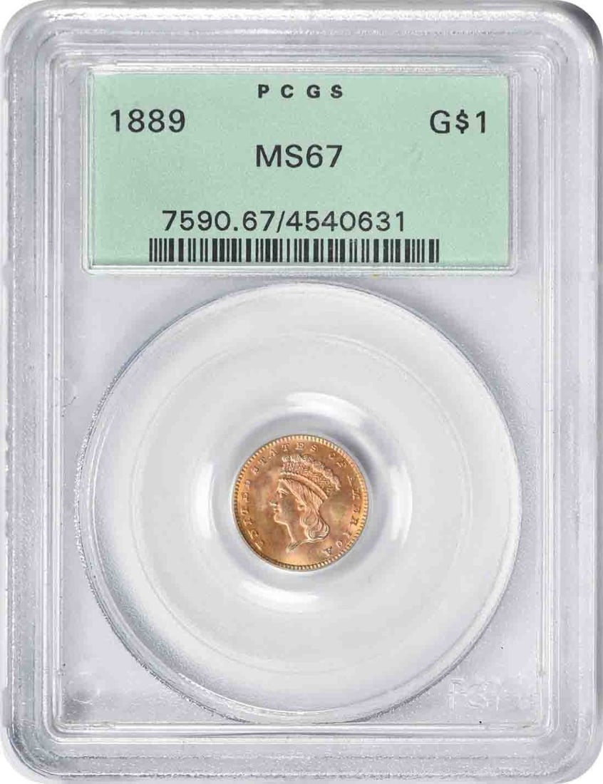 1889 $1 Gold Type 3 MS67 PCGS Uncirculated Coin: 1889 $1 Gold Type 3 MS67 PCGS Uncirculated Coin This stunning 1889 $1 Gold Type 3 coin is graded MS67 by PCGS, signifying its exceptional uncirculated condition. Minted in Philadelphia, this coin feat
