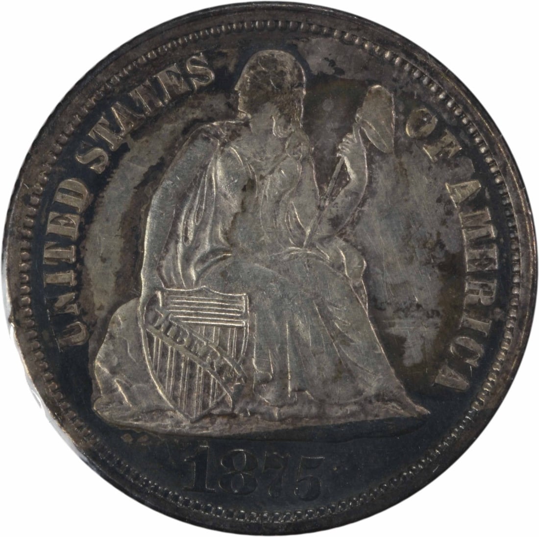 1875 Liberty Seated Silver Dime AU Uncertified Philadelphia Mint: 1875 Liberty Seated Silver Dime AU Uncertified Philadelphia Mint This 1875 Liberty Seated Silver Dime showcases a striking design by Christian Gobrecht and is composed of 90% silver and 10% copper. It
