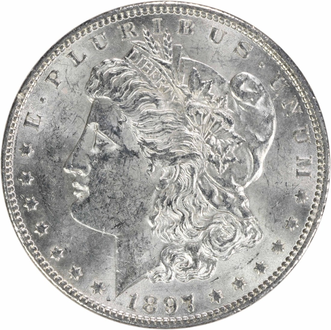 Uncirculated 1897 Silver Morgan Dollar Philadelphia No Mint Mark BU: Uncirculated 1897 Silver Morgan Dollar Philadelphia No Mint Mark BU This 1897 Morgan Silver Dollar is an uncirculated coin in Brilliant Uncirculated (BU) condition. It is composed of silver, features 
