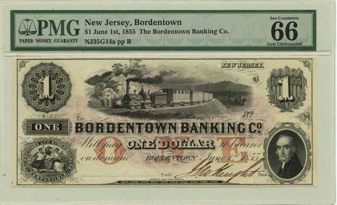 1855 $1 Bordentown NJ Obsolete Note PMG MS66 GEM 66 EPQ: 1855 $1 Bordentown NJ Obsolete Note PMG MS66 GEM 66 EPQ This 1855 $1 New Jersey Bordentown Obsolete Note, designated as NJ35G14a, is a stunning example of currency history. Graded MS66 by PMG, this un