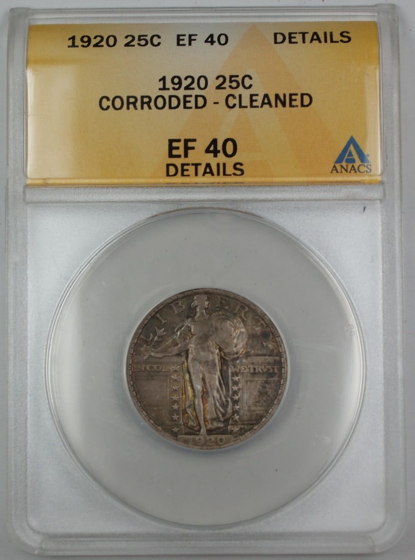 1920 Standing Liberty Silver Quarter ANACS EF-40 Details Corroded Cleaned: 1920 Standing Liberty Silver Quarter ANACS EF-40 Details Corroded Cleaned This 1920 Standing Liberty Silver Quarter was minted in Philadelphia and features a denomination of 25 cents. Certified and gr