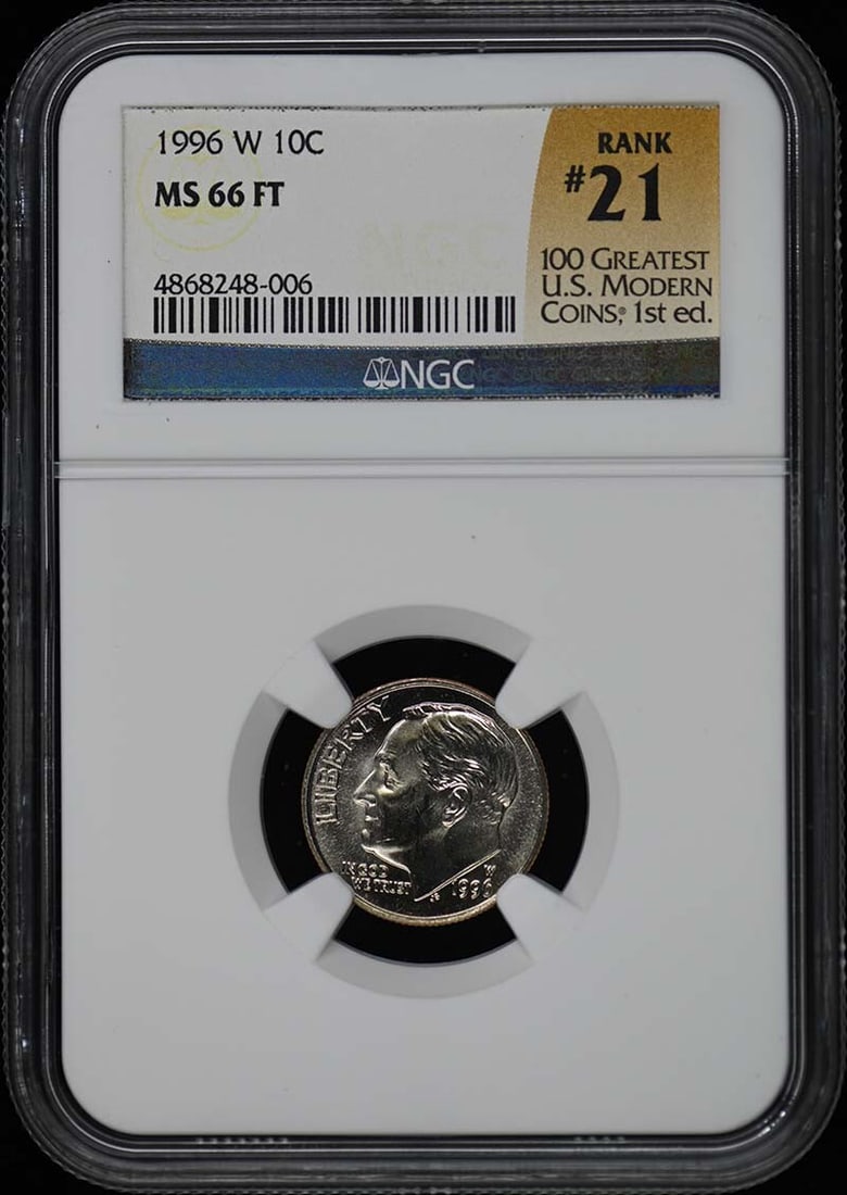 1996 W Roosevelt Dime NGC MS66FT Clad Philadelphia Minted Coin: 1996 W Roosevelt Dime NGC MS66FT Clad Philadelphia Minted Coin This 1996 W Roosevelt Dime is a remarkable piece, certified by NGC with a grade of MS66, indicating it is in uncirculated condition. Mint