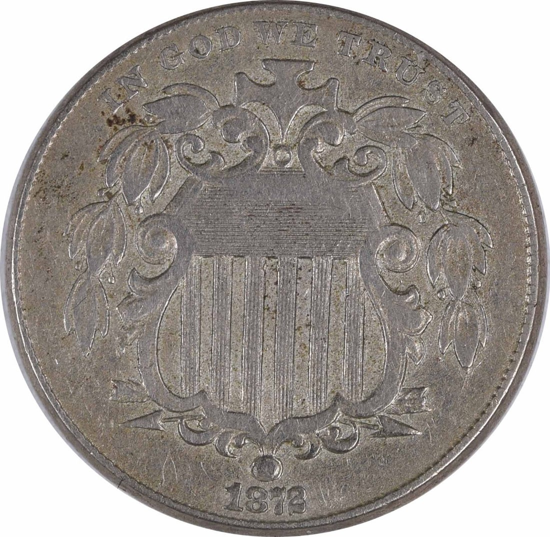 1872 Shield Nickel VF Uncertified Philadelphia Mint 5C: 1872 Shield Nickel VF Uncertified Philadelphia Mint 5C This 1872 Shield Nickel, a classic piece of American numismatics, showcases the artistry of designer James Barton Longacre. With a denomination o