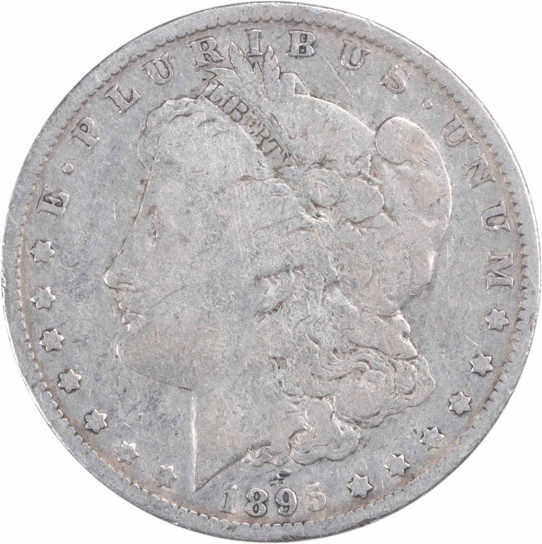 1895-O Morgan Silver Dollar VG Uncertified 90% Silver Coin: 1895-O Morgan Silver Dollar VG Uncertified 90% Silver Coin This 1895-O Morgan Silver Dollar is a classic collectible coin, featuring a design by George T. Morgan. The coin is made of 90% silver and 10