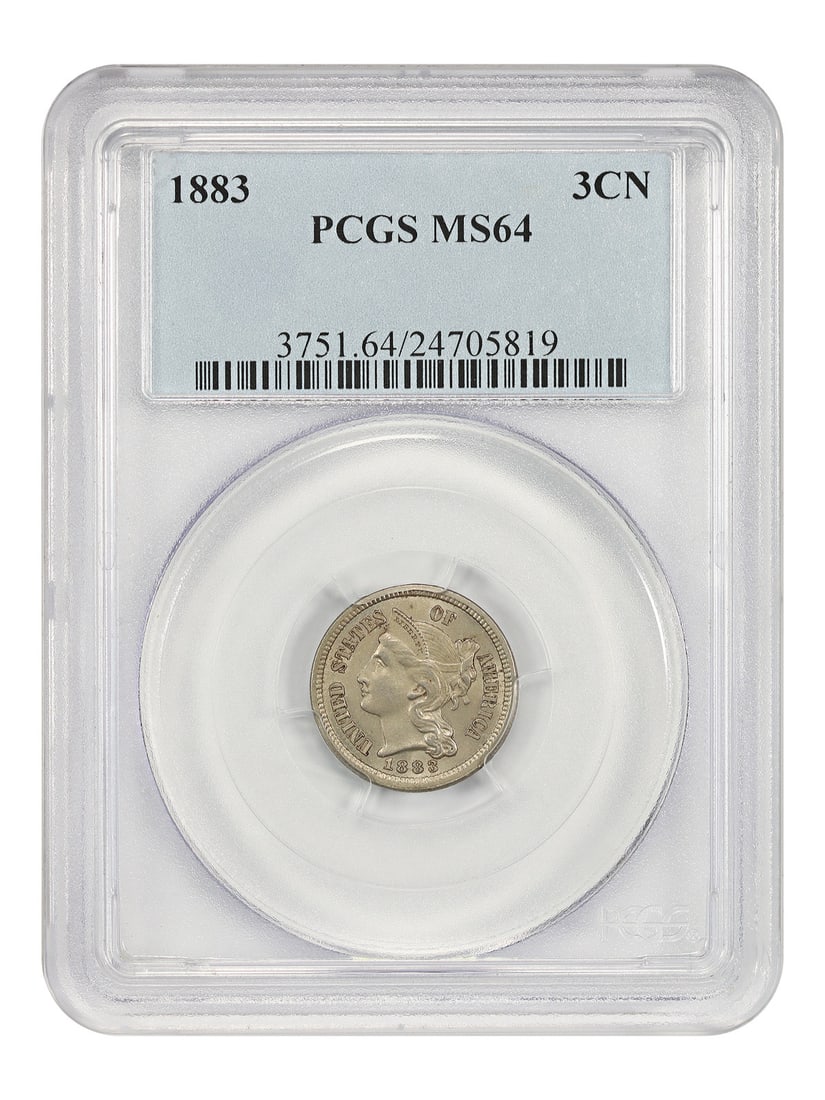 1883 PCGS MS64 3CN Nickel Rare Date: 1883 PCGS MS64 3CN Nickel Rare Date This 1883 Three Cent Nickel is a rare business-strike coin with a mintage of only 4,000. Graded MS64 by PCGS, it features soft luster beneath a pleasing dove-grey t