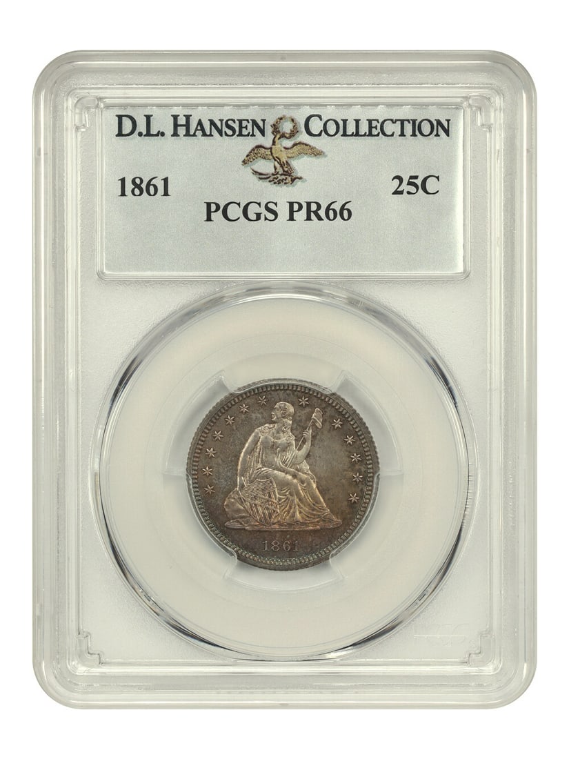 1861 Liberty Seated Quarter PR66 PCGS Ex D.L. Hansen Rare Coin: 1861 Liberty Seated Quarter PR66 PCGS Ex D.L. Hansen Rare Coin This exceptional 1861 proof Liberty Seated quarter, graded PR66 by PCGS, represents a rare find in the world of numismatics. With its stu