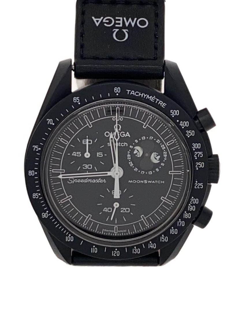 OMEGAxSWATCH Moon Mission Quartz Black Men's Wristwatch: OMEGAxSWATCH Moon Mission Quartz Black Men's Wristwatch This OMEGAxSWATCH Mission to the Moon men's quartz wristwatch features a black case and band, with a sleek and modern design. Made in Switzerlan