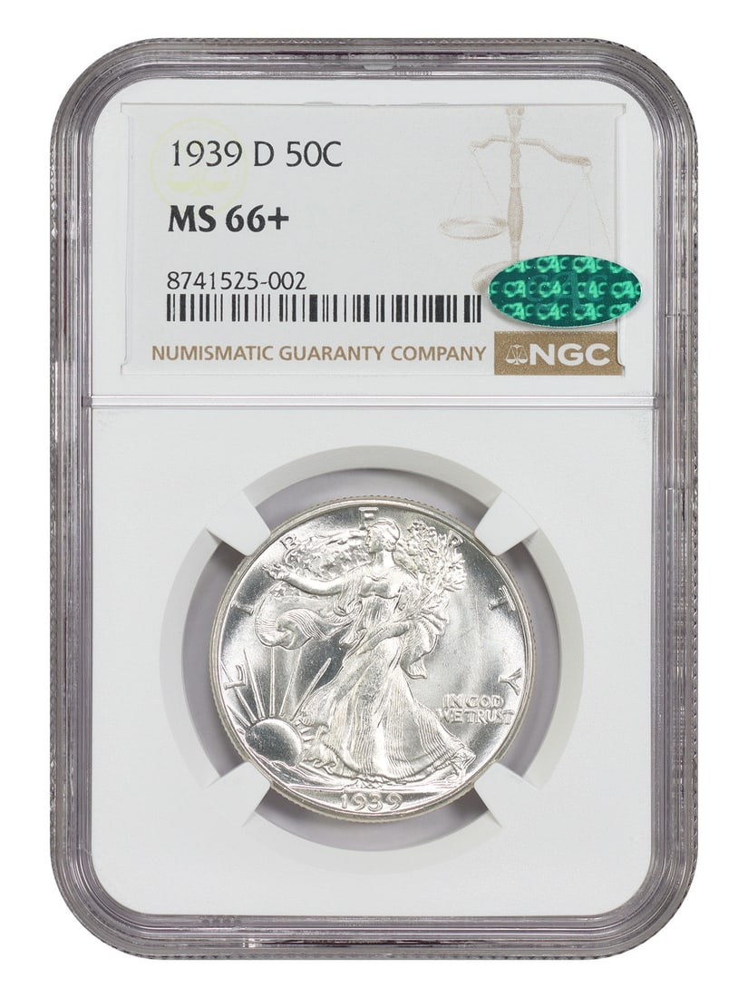 1939 Denver Walking Liberty Half Dollar NGC CAC MS66 Plus: 1939 Denver Walking Liberty Half Dollar NGC CAC MS66 Plus This 1939-D Walking Liberty Half Dollar is graded MS66+ by NGC and has also been recognized by CAC for its quality. Minted in Denver, this unc