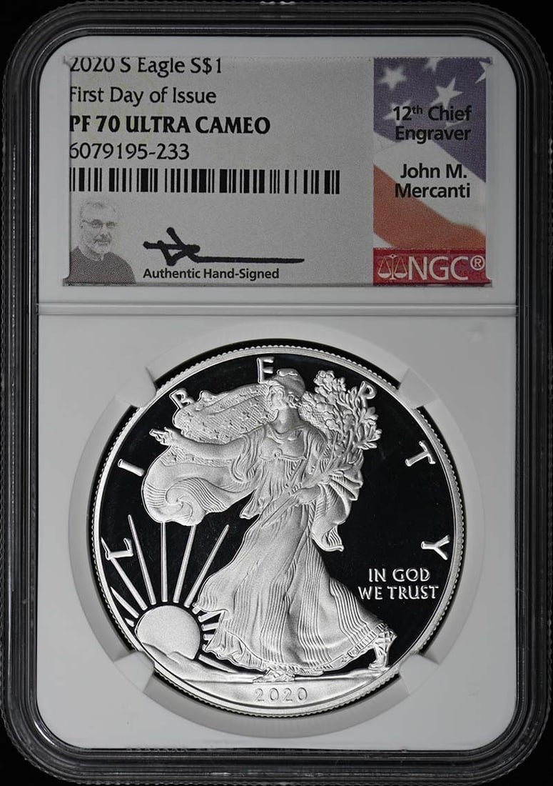 First Day Issue 2020 S Silver Eagle NGC PR70DCAM Dollar Coin: First Day Issue 2020 S Silver Eagle NGC PR70DCAM Dollar Coin This 2020 S American Eagle silver dollar has been certified by NGC with a PR70 Deep Cameo grade and is designated as a First Day of Issue. 