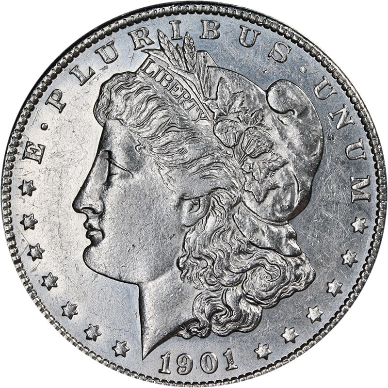 1901-S Silver Morgan Dollar AU or BU San Francisco Mint United States Coin: 1901-S Silver Morgan Dollar AU or BU San Francisco Mint United States Coin This 1901-S Morgan Silver Dollar features attractive eye appeal, bright luster, and an average strike. The coin displays nice