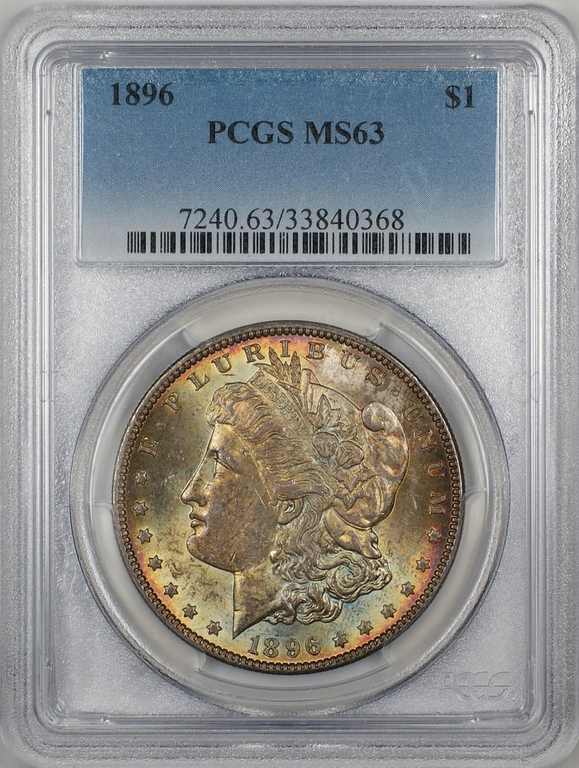 PCGS MS63 1896 Morgan Dollar Silver Coin with Attractive Toning: PCGS MS63 1896 Morgan Dollar Silver Coin with Attractive Toning This 1896 Morgan Silver Dollar features attractive toning, especially on the obverse, and has been certified by PCGS with an MS-63 grade