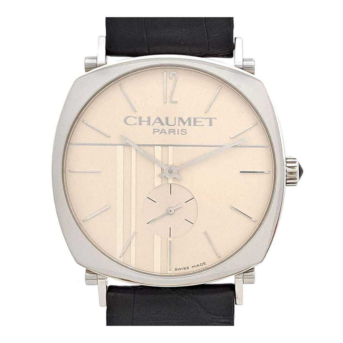 Chaumet Dandy Manual Wind Stainless Steel Beige Dial Men's Wristwatch: Chaumet Dandy Manual Wind Stainless Steel Beige Dial Men's Wristwatch This Chaumet Dandy W11281-20A men's wristwatch features a stainless steel case paired with a leather strap and stainless steel buc