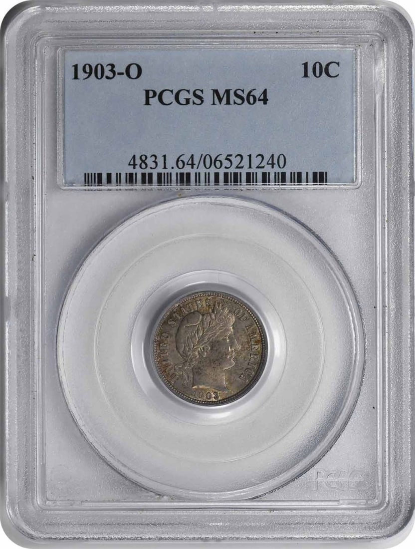 1903-O Barber Silver Dime MS64 PCGS Uncirculated Coin: 1903-O Barber Silver Dime MS64 PCGS Uncirculated Coin This 1903-O Barber Silver Dime is an uncirculated coin certified by PCGS with a grade of MS64. Struck at the New Orleans mint, this dime features 
