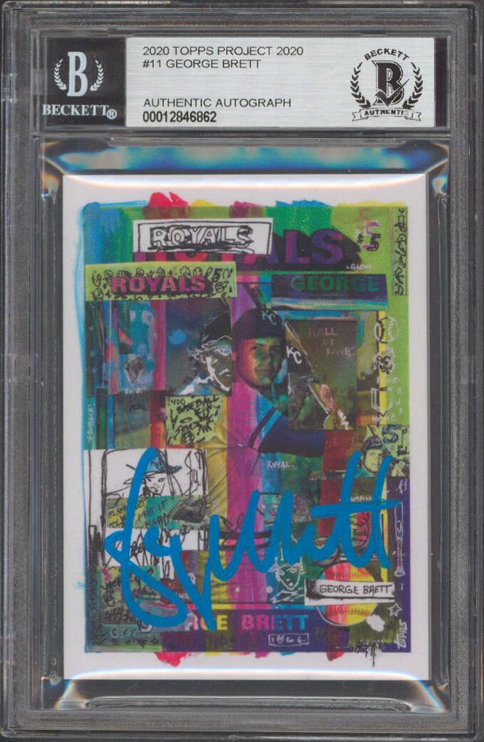 George Brett Signed 2020 Topps Project 2020 Card Beckett Authenticated Slab: George Brett Signed 2020 Topps Project 2020 Card Beckett Authenticated Slab This 2020 Topps Project 2020 #11 baseball card features a genuine autograph from George Brett of the Kansas City Royals. The