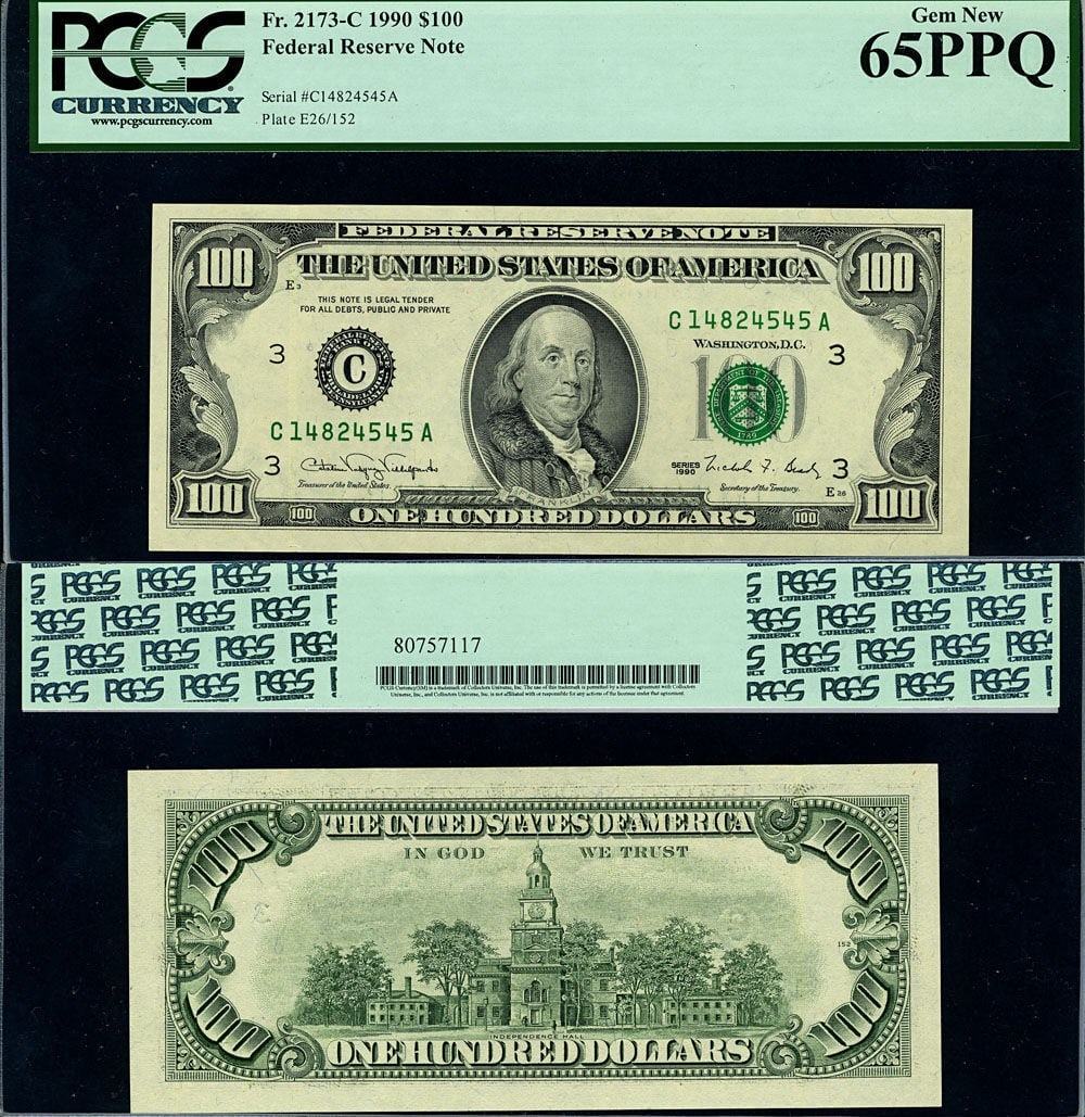 1990 $100 Federal Reserve Note Philadelphia PCGS Gem CU65 PPQ: 1990 $100 Federal Reserve Note Philadelphia PCGS Gem CU65 PPQ This is a 1990 $100 Federal Reserve Note from Philadelphia, designated FR. 2173 C-A. The note is uncirculated and features excellent paper