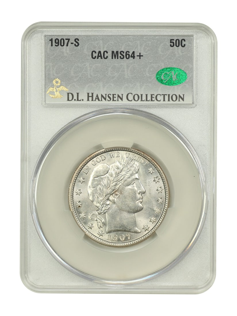 1907-S CACG MS64+ Barber Half Dollar Uncirculated Coin: 1907-S CACG MS64+ Barber Half Dollar Uncirculated Coin This 1907-S Barber Half Dollar is a remarkable uncirculated piece certified by CACG with a high-grade of MS64+. Known for its scarcity in Mint St