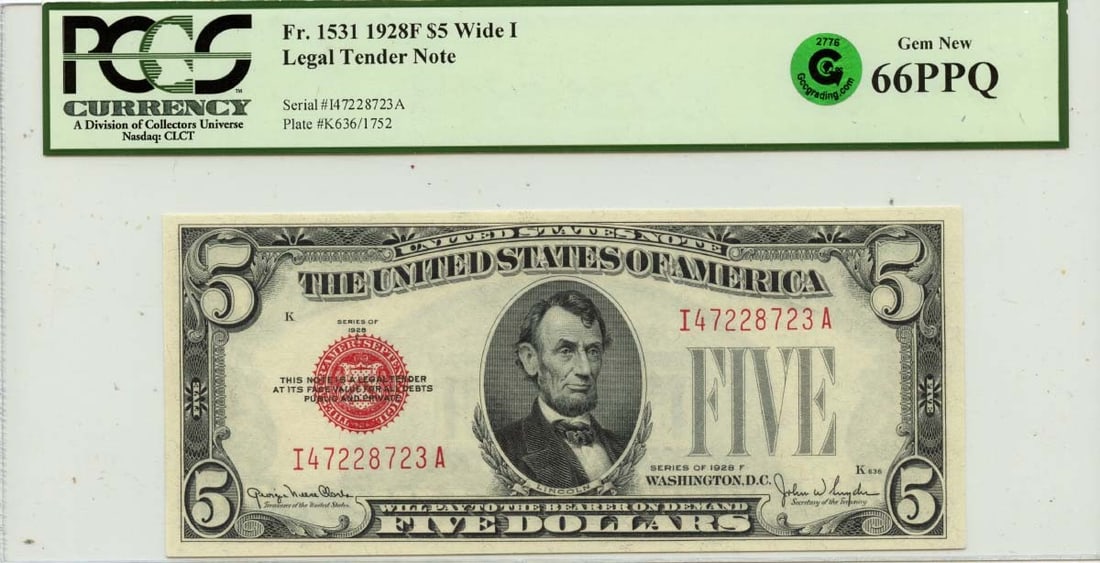 PCGS GEM 66 PPQ 1928F Five Dollar Legal Tender Note FR 1531 Wide I: PCGS GEM 66 PPQ 1928F Five Dollar Legal Tender Note FR 1531 Wide I This 1928F $5 Legal Tender Note from the United States is graded MS66 by PCGS Currency and remains in uncirculated condition. It feat