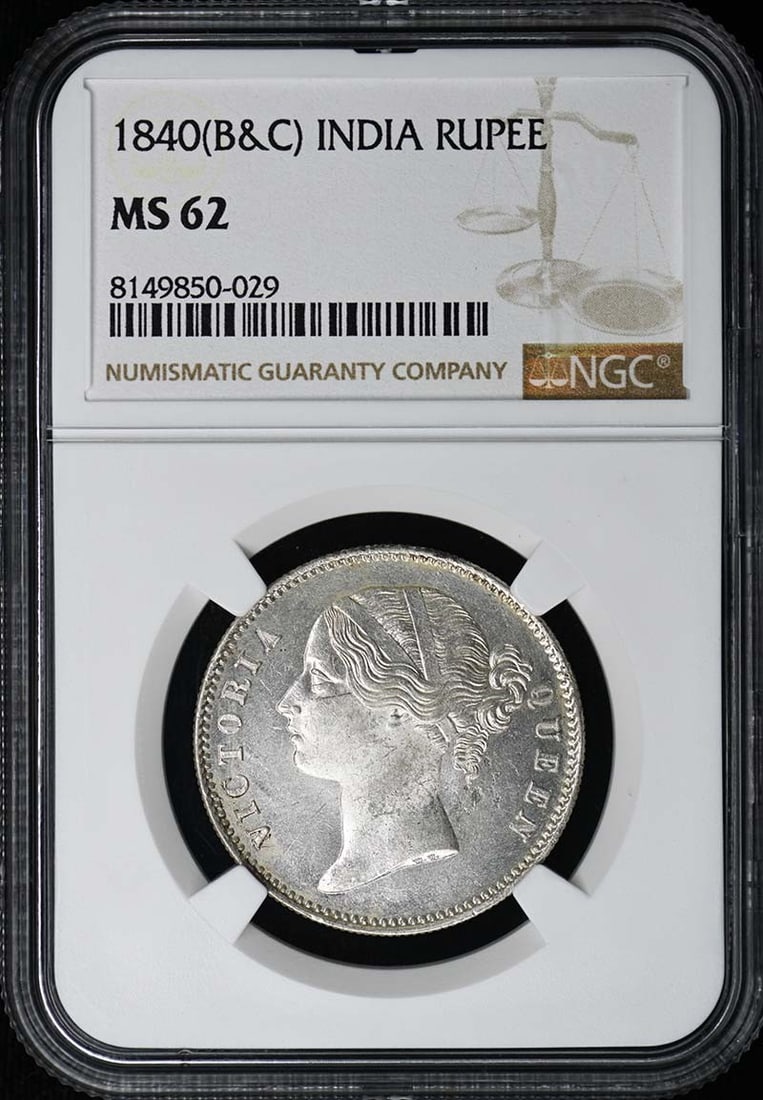 India Rupee 1840 NGC Certified MS62 Uncirculated Coin: India Rupee 1840 NGC Certified MS62 Uncirculated Coin This is an uncirculated 1840 India Rupee certified by NGC with a grade of MS62. The coin is pre-owned and comes with NGC certification number 8149