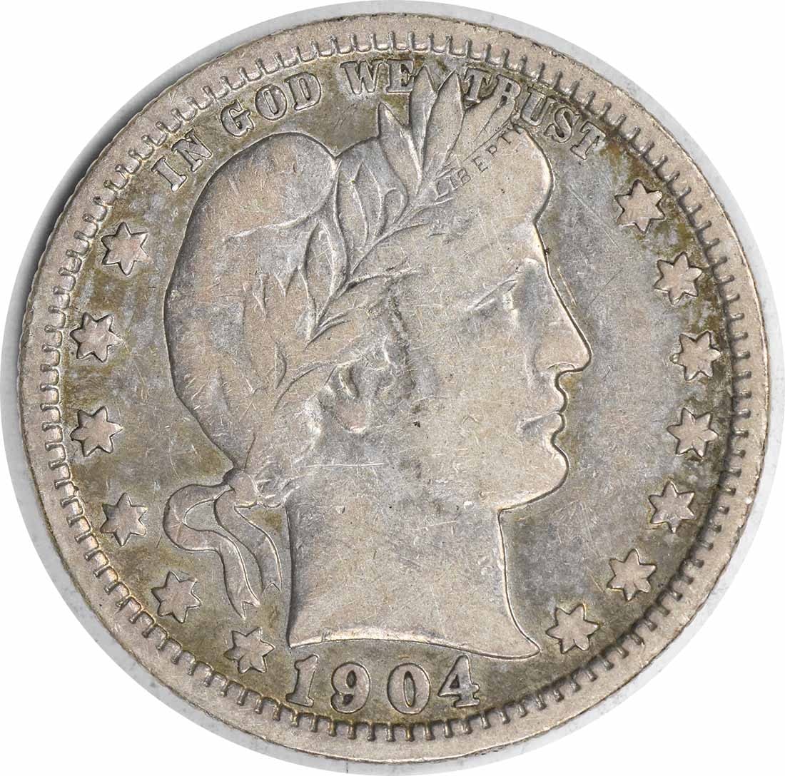 1904-O Barber Silver Quarter VF Uncertified 25C New Orleans Mint: 1904-O Barber Silver Quarter VF Uncertified 25C New Orleans Mint This 1904-O Barber Silver Quarter is a remarkable piece of numismatic history, featuring a design by renowned engraver Charles E. Barbe
