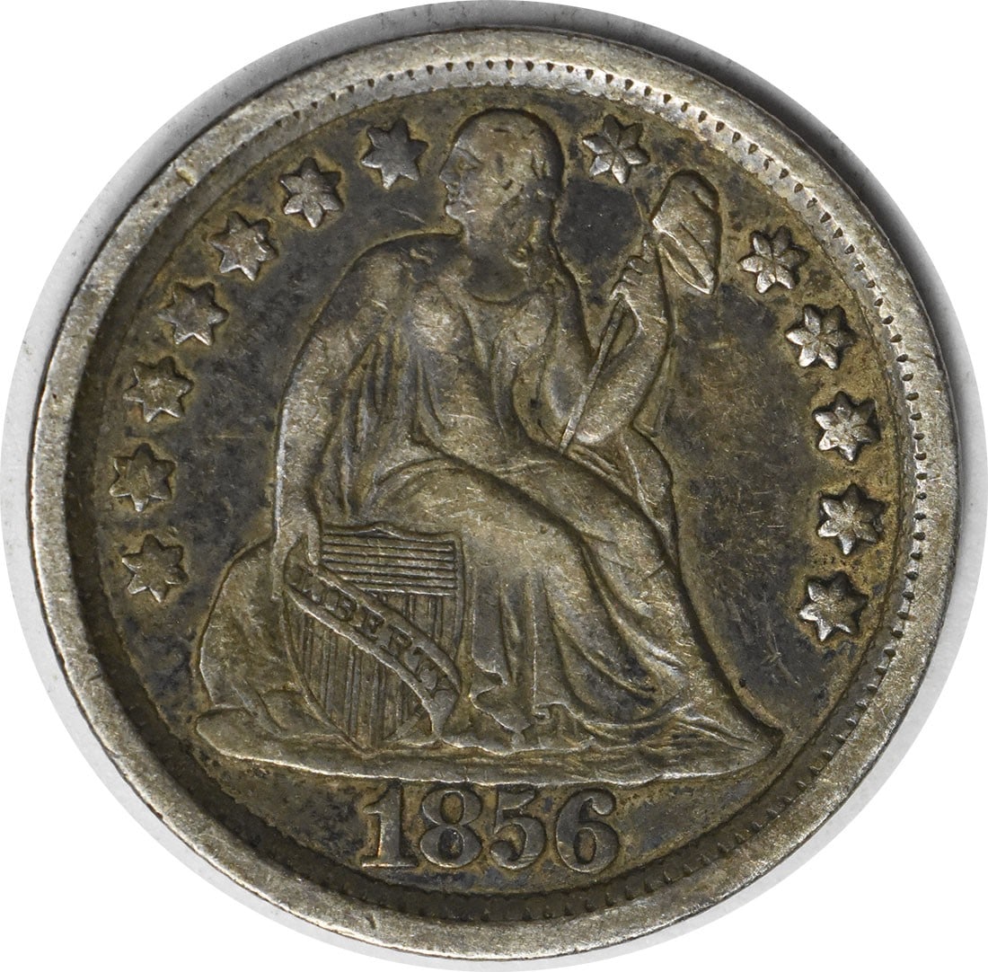 1856 Liberty Seated Silver Dime 10C Large Date Uncertified XF: 1856 Liberty Seated Silver Dime 10C Large Date Uncertified XF This 1856 Liberty Seated Silver Dime features a large date and is graded as EF (Extra Fine). Struck in Philadelphia, this coin showcases t