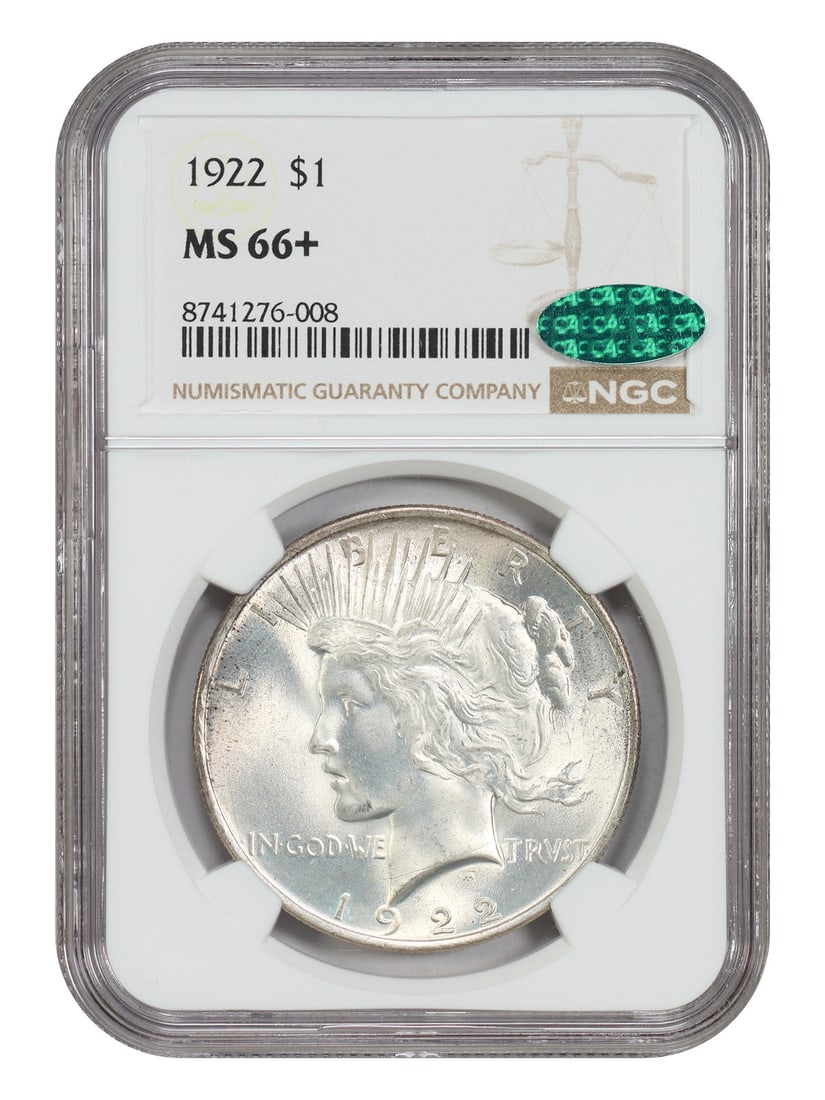 1922 Peace Dollar NGC CAC MS66 Plus: 1922 Peace Dollar NGC CAC MS66 Plus This 1922 Peace Dollar is graded MS66+ by NGC and features CAC approval. Struck in Philadelphia, this uncirculated $1 coin is a popular collector's piece and is con