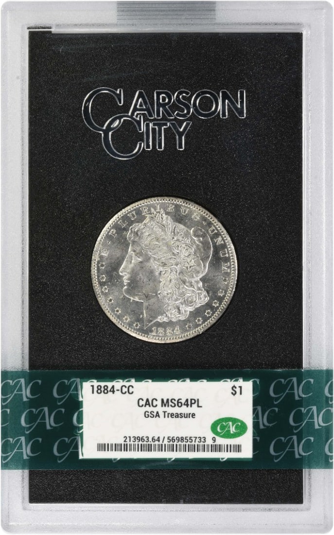 1884 Carson City Morgan Dollar MS64PL in GSA Holder Certified by CACG: 1884 Carson City Morgan Dollar MS64PL in GSA Holder Certified by CACG This 1884-CC Morgan Silver Dollar is graded MS64PL by CACG and comes in a GSA holder. Struck at the Carson City Mint, this uncircu