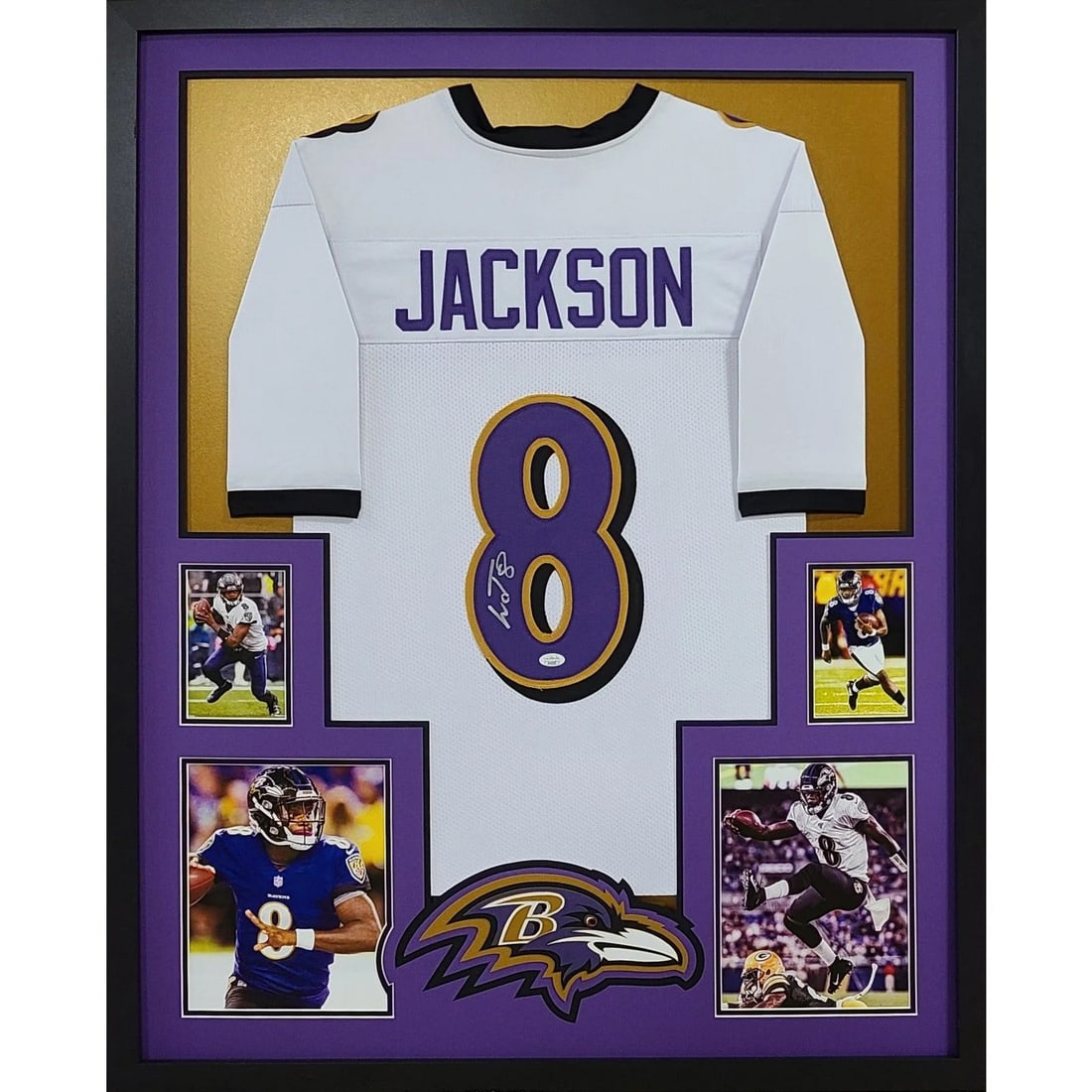Framed Lamar Jackson Autographed White Ravens Jersey JSA (1 of 2)