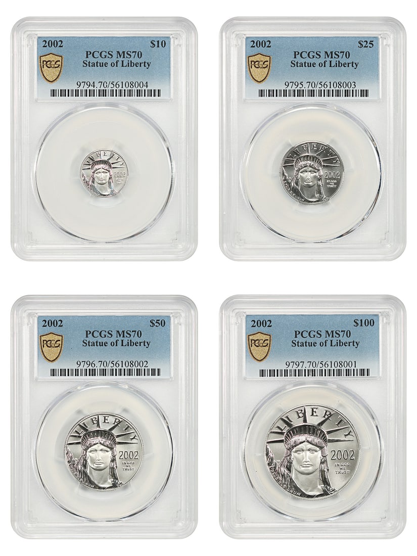 2002 Platinum Liberty Coin Set PCGS MS70 Uncirculated: 2002 Platinum Liberty Coin Set PCGS MS70 Uncirculated This is a 2002 Platinum Statue of Liberty coin set, featuring denominations ranging from $10 to $100. Each coin in the set is certified by PCGS wi