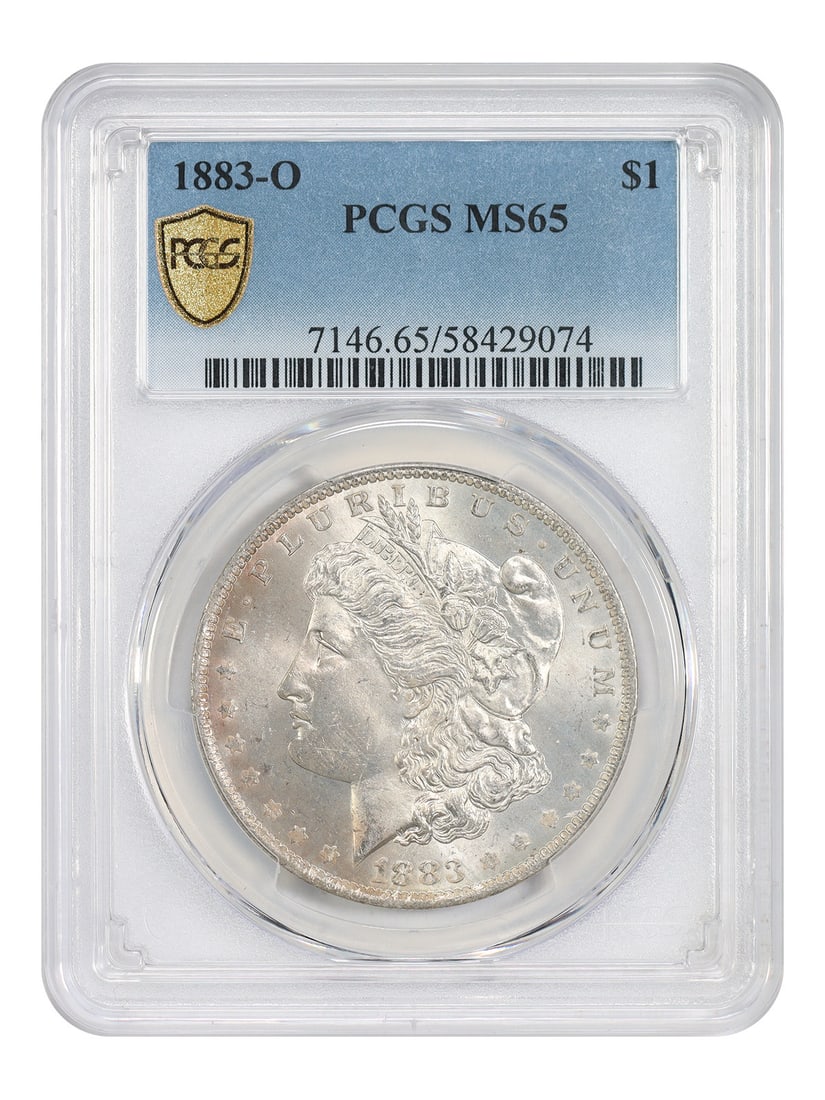PCGS Graded MS65 1883 New Orleans Morgan Silver Dollar: PCGS Graded MS65 1883 New Orleans Morgan Silver Dollar This 1883-O Morgan Dollar is certified by PCGS with a grade of MS65, indicating it is in uncirculated condition. Minted in New Orleans, this pre-