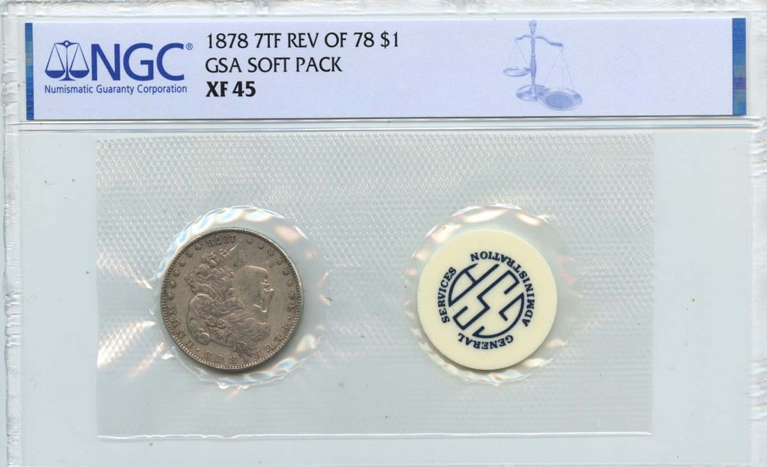 NGC XF45 1878 Morgan Dollar 7 Tail Feathers Reverse of 78 GSA Soft Pack: NGC XF45 1878 Morgan Dollar 7 Tail Feathers Reverse of 78 GSA Soft Pack This 1878 Morgan Dollar features the 7 Tail Feathers Reverse of '78 variety and comes in a GSA soft pack. Graded XF45 by NGC, th