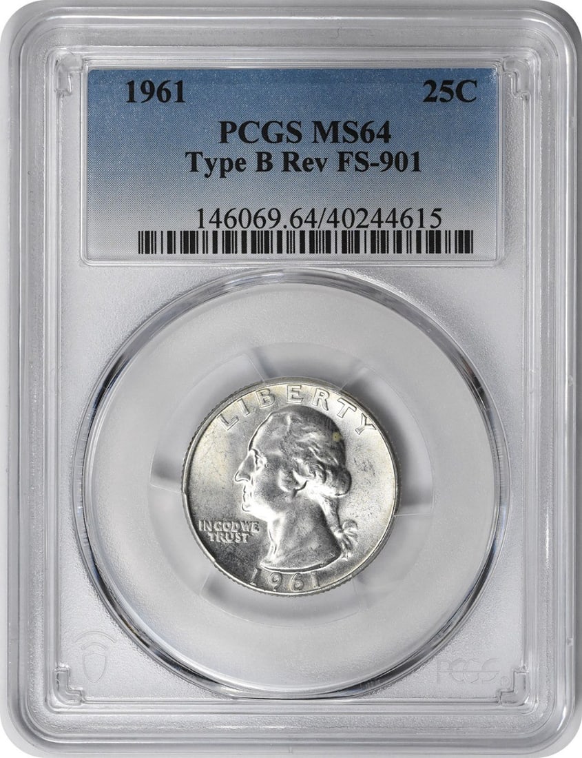 1961 Washington Silver Quarter Type B Reverse MS64 PCGS Certified: 1961 Washington Silver Quarter Type B Reverse MS64 PCGS Certified This 1961 Washington Silver Quarter features a Type B Reverse and is graded MS64 by PCGS, ensuring its high quality as an uncirculated