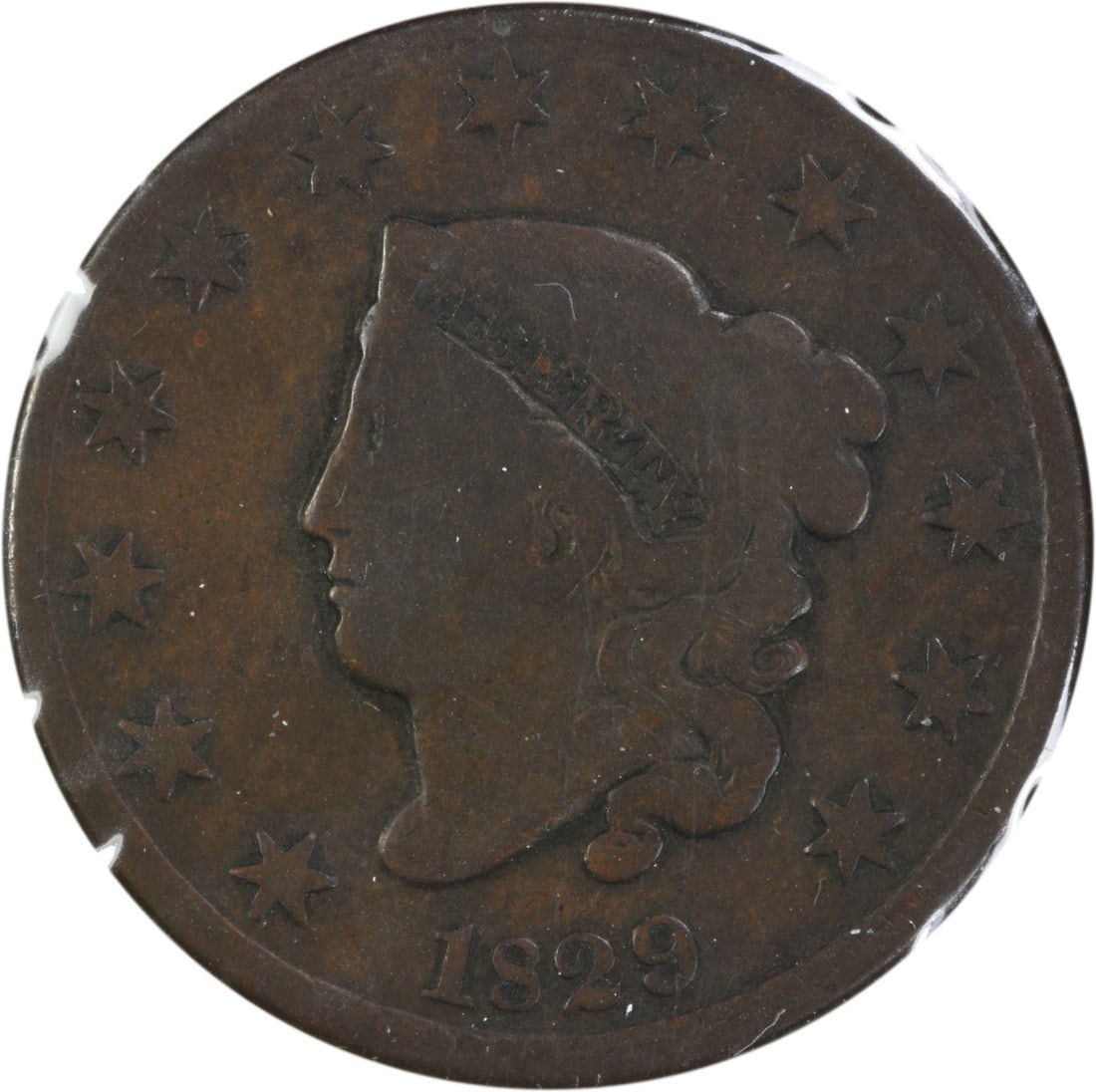 1829 Coronet Head Large Cent N-5 Variety VG Grade Uncertified: 1829 Coronet Head Large Cent N-5 Variety VG Grade Uncertified This is an 1829 Coronet Head Large Cent from the United States. Designed by Robert Scot and struck at the Philadelphia Mint, this copper c