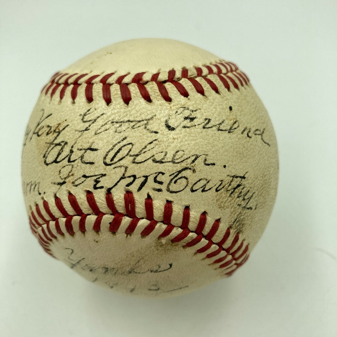 Joe McCarthy Autographed American League Baseball With JSA Authentication: Joe McCarthy Autographed American League Baseball With JSA Authentication This is an original American League baseball single signed by Joe McCarthy, featuring the inscription "1943 Yankees." The auto