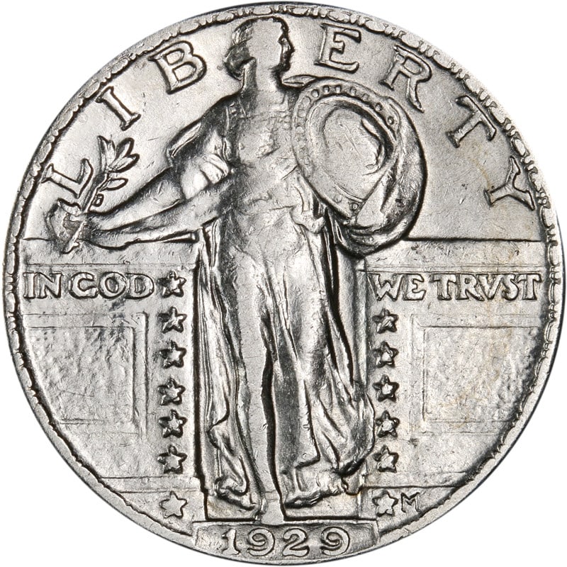1929-P Standing Liberty Quarter 90% Silver Circulated Coin: 1929-P Standing Liberty Quarter 90% Silver Circulated Coin This 1929-P Standing Liberty Quarter is a notable piece of numismatic history. It features a composition of silver with a fineness of 0.9. Th