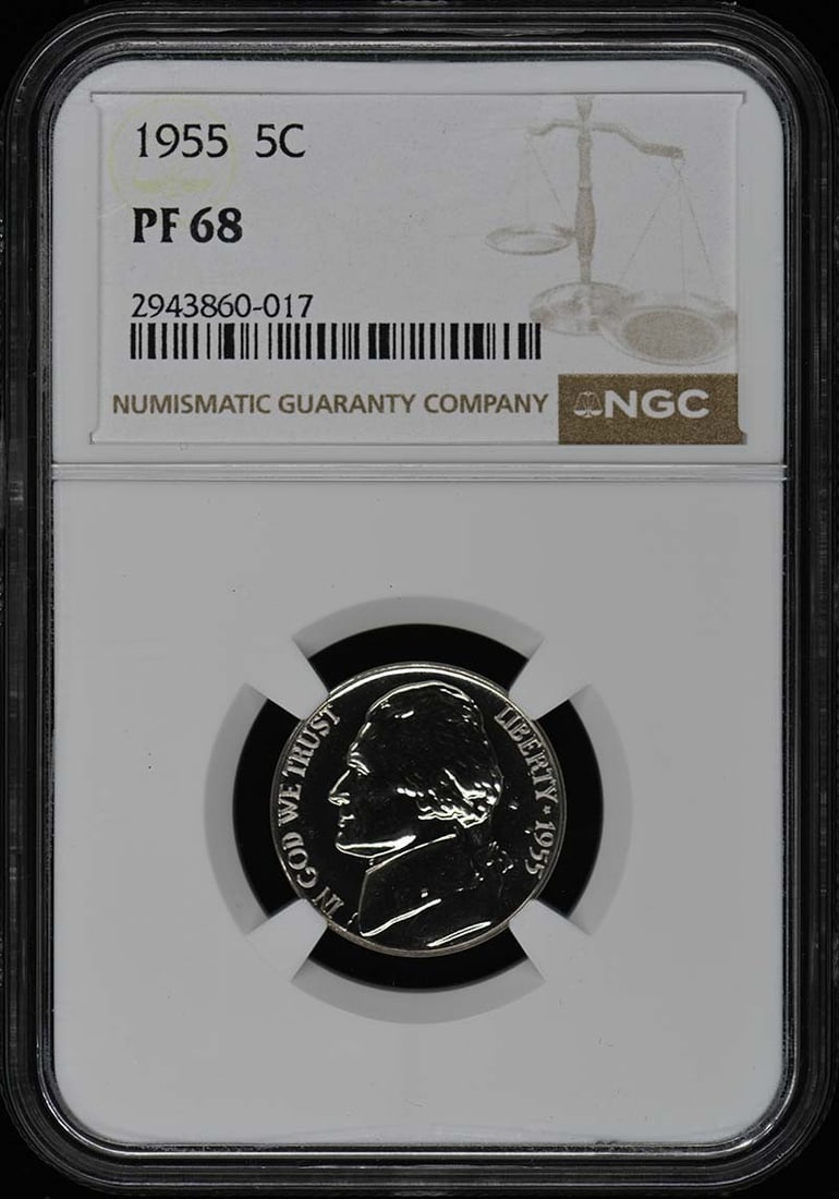 1955 Jefferson Nickel NGC PR68 Uncirculated Proof Coin: 1955 Jefferson Nickel NGC PR68 Uncirculated Proof Coin This 1955 Jefferson Nickel is a remarkable piece for collectors, certified by NGC with a pristine grade of PR68. It features the iconic Jefferson