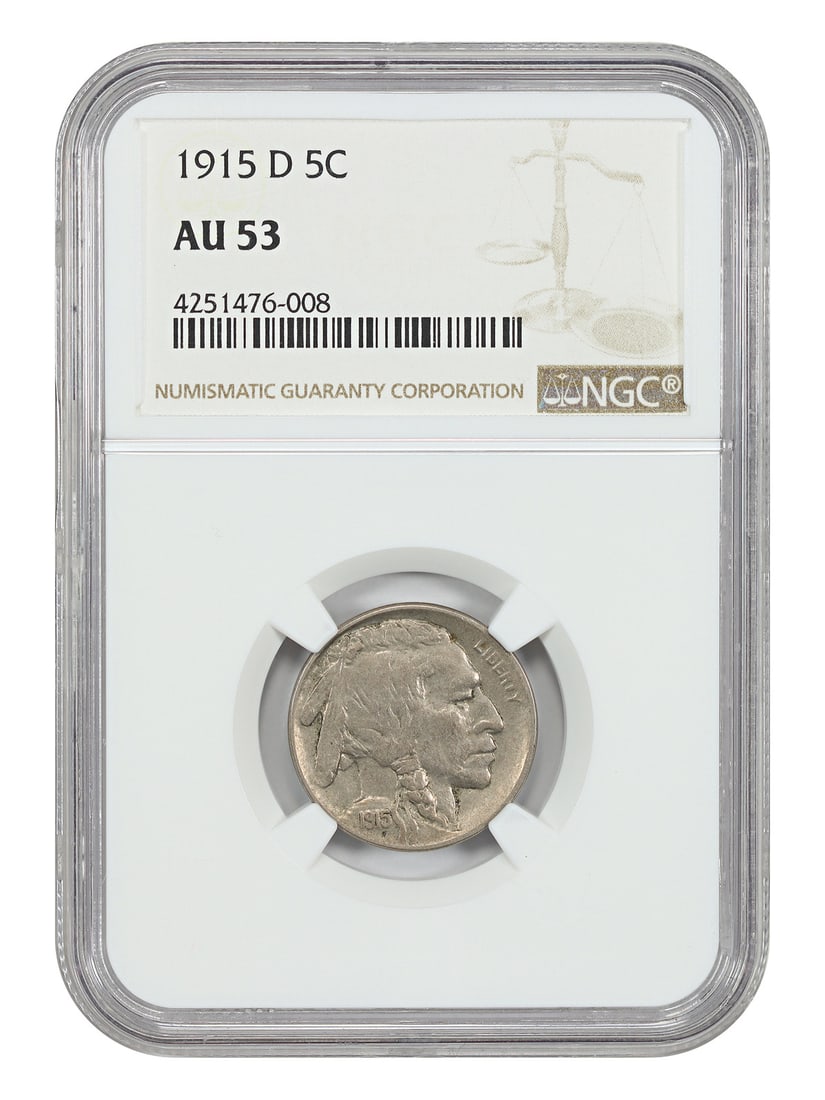 1915 Denver Buffalo Nickel NGC AU53 Five Cent Coin: 1915 Denver Buffalo Nickel NGC AU53 Five Cent Coin This 1915-D Buffalo Nickel is certified by NGC with a grade of AU53, indicating it is an attractive circulated example. Minted in Denver, this coin i