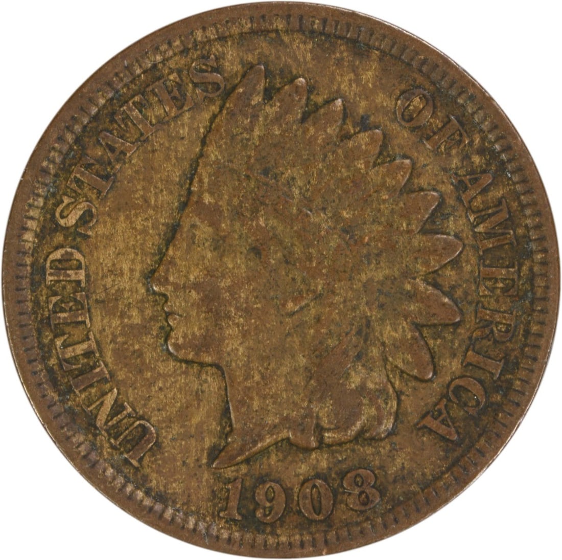 1908 San Francisco Mint Indian Head Cent VF Grade Uncertified: 1908 San Francisco Mint Indian Head Cent VF Grade Uncertified This is a 1908-S Indian Head Cent from the United States, featuring a design by James Barton Longacre. The coin is circulated and in Very 