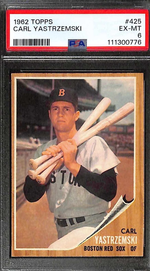 1962 Topps #425 Carl Yastrzemski Red Sox HOF PSA 6 Baseball Card: 1962 Topps #425 Carl Yastrzemski Red Sox HOF PSA 6 Baseball Card This is a 1962 Topps #425 Carl Yastrzemski baseball trading card, graded PSA 6 (Excellent-Mint). It features the legendary Red Sox play