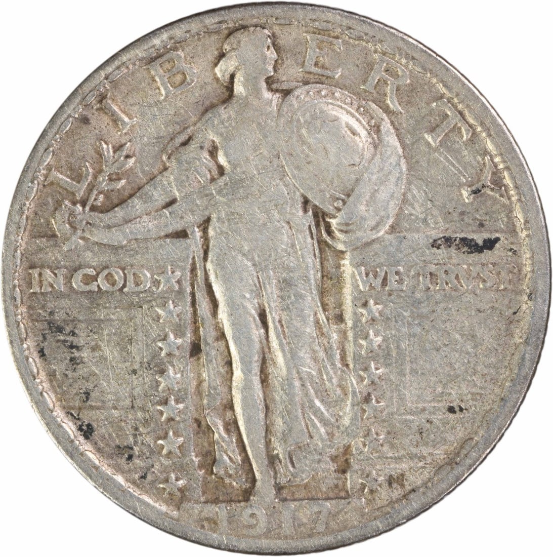 1917 Standing Liberty 25C Silver Coin Type 2 Extra Fine Uncertified: 1917 Standing Liberty 25C Silver Coin Type 2 Extra Fine Uncertified This 1917 Standing Liberty Quarter is a Type 2 coin minted in Philadelphia. Designed by Hermon A. Mac Neil, it is composed of 90% si