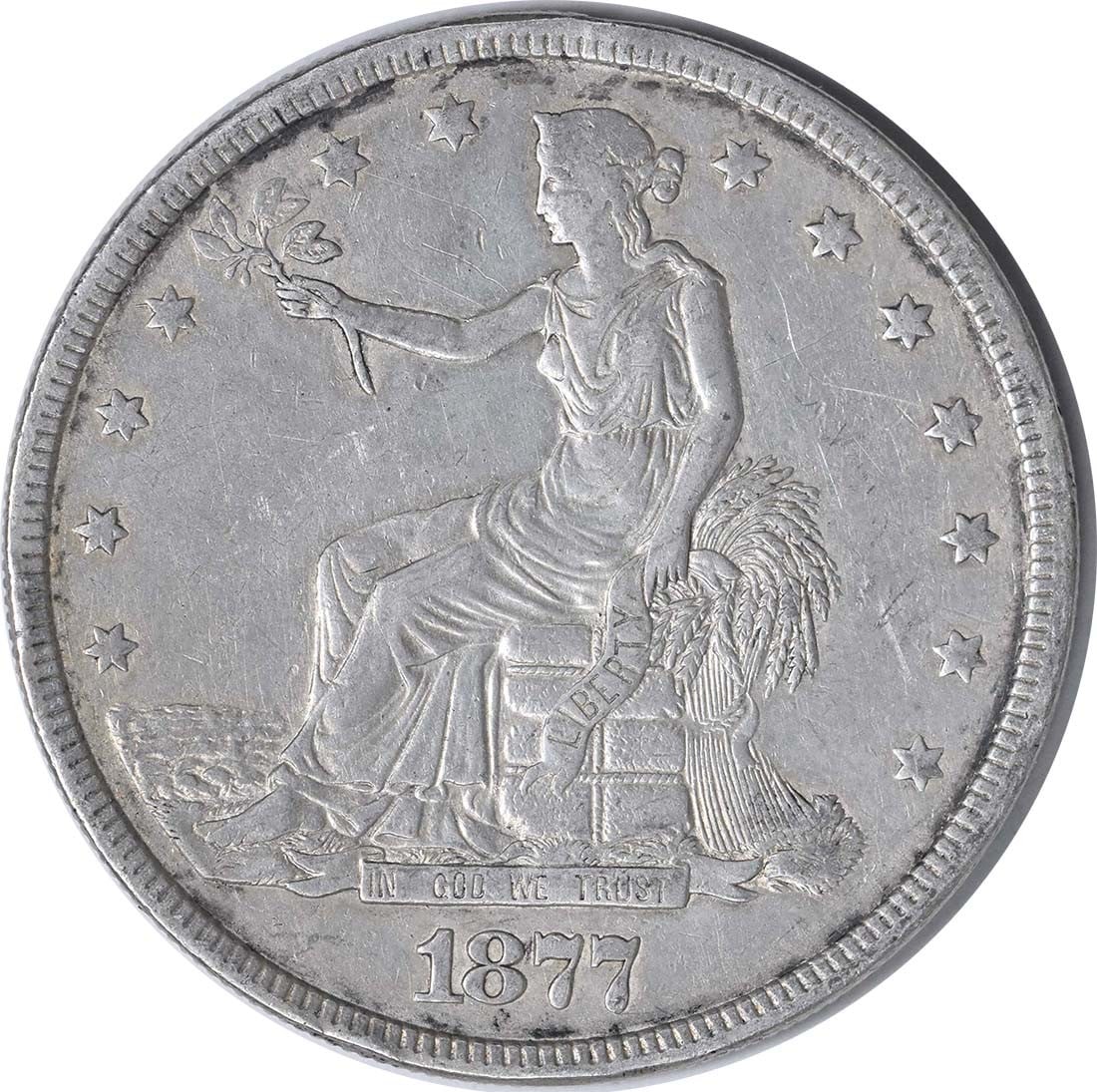 1877 United States Trade Dollar 90 Percent Silver XF Circulated Uncertified: 1877 United States Trade Dollar 90 Percent Silver XF Circulated Uncertified This 1877 Trade Silver Dollar from the United States features a composition of 90% silver and 10% copper. Struck at the Phil