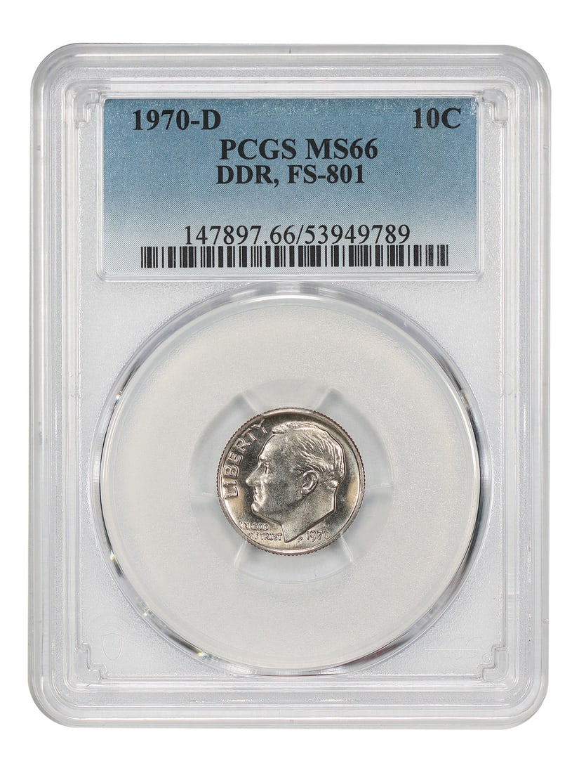 1970 Denver Roosevelt Dime PCGS MS66 DDR FS-801: 1970 Denver Roosevelt Dime PCGS MS66 DDR FS-801 This is a 1970-D Roosevelt Dime graded MS66 by PCGS. The coin features a doubled die reverse (DDR), designated as FS-801. It is uncirculated and origina