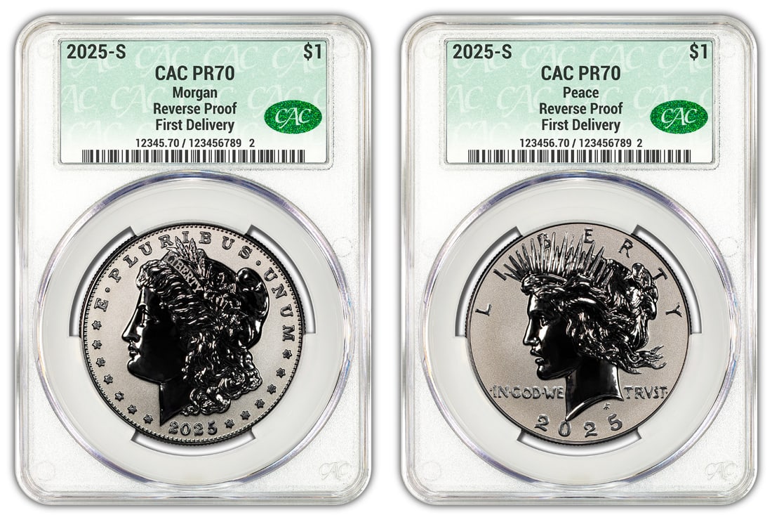 2025 Silver Reverse Proof Morgan and Peace Dollar PR70 CAC Certified: 2025 Silver Reverse Proof Morgan and Peace Dollar PR70 CAC Certified This 2025 Morgan & Peace Silver Dollar features a reverse proof strike and is composed of .999 fine silver. Graded PR 70, the coin 