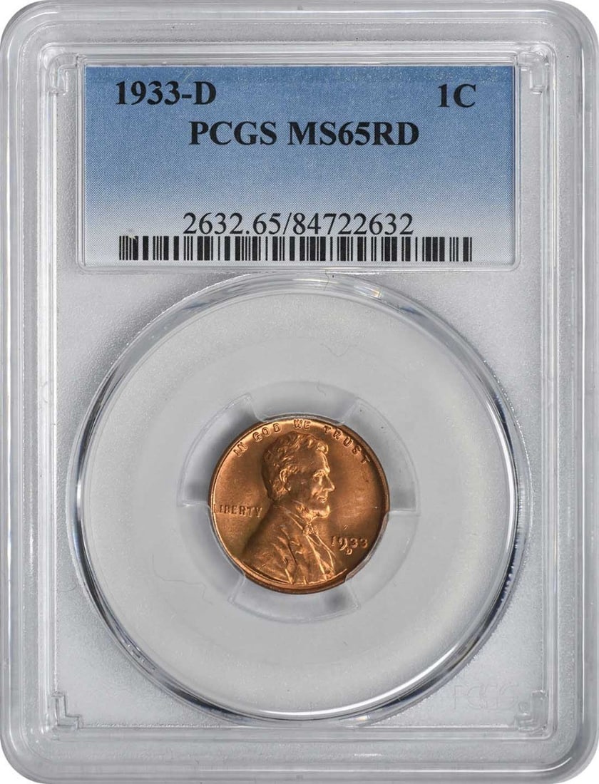 1933-D/D Lincoln Cent RPM 1 MS65RED PCGS Uncirculated Wheat Coin: 1933-D/D Lincoln Cent RPM 1 MS65RED PCGS Uncirculated Wheat Coin This 1933-D/D Lincoln Cent is a remarkable example of numismatic artistry, certified by PCGS with a grade of MS65RED. Featuring the ico